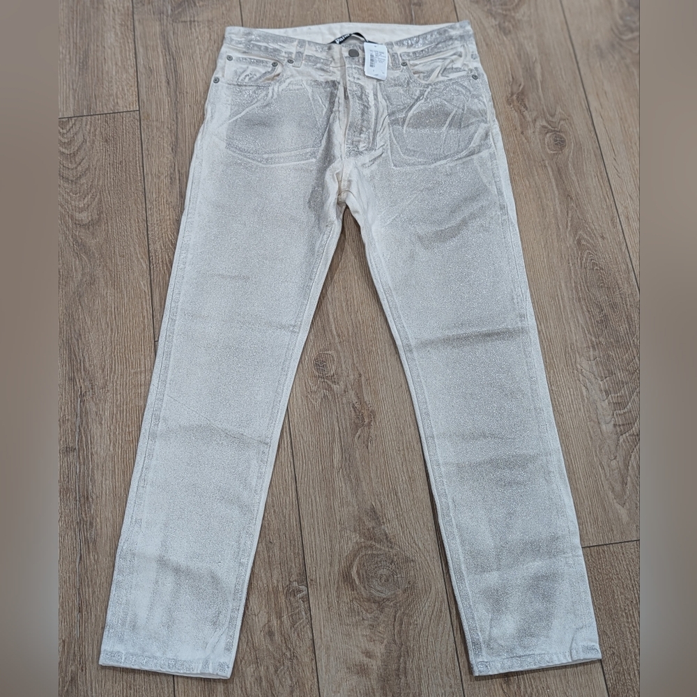 $670 Mens Palms Angels Metallic Washed 5-Pocket Jeans Off-White 31